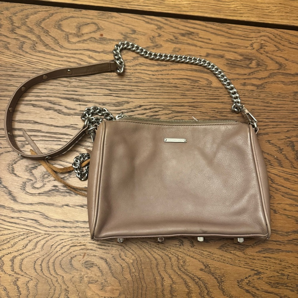 Rebecca Minkoff Taupe Leather Small Crossbody‎ Bag with chain Silver Accents